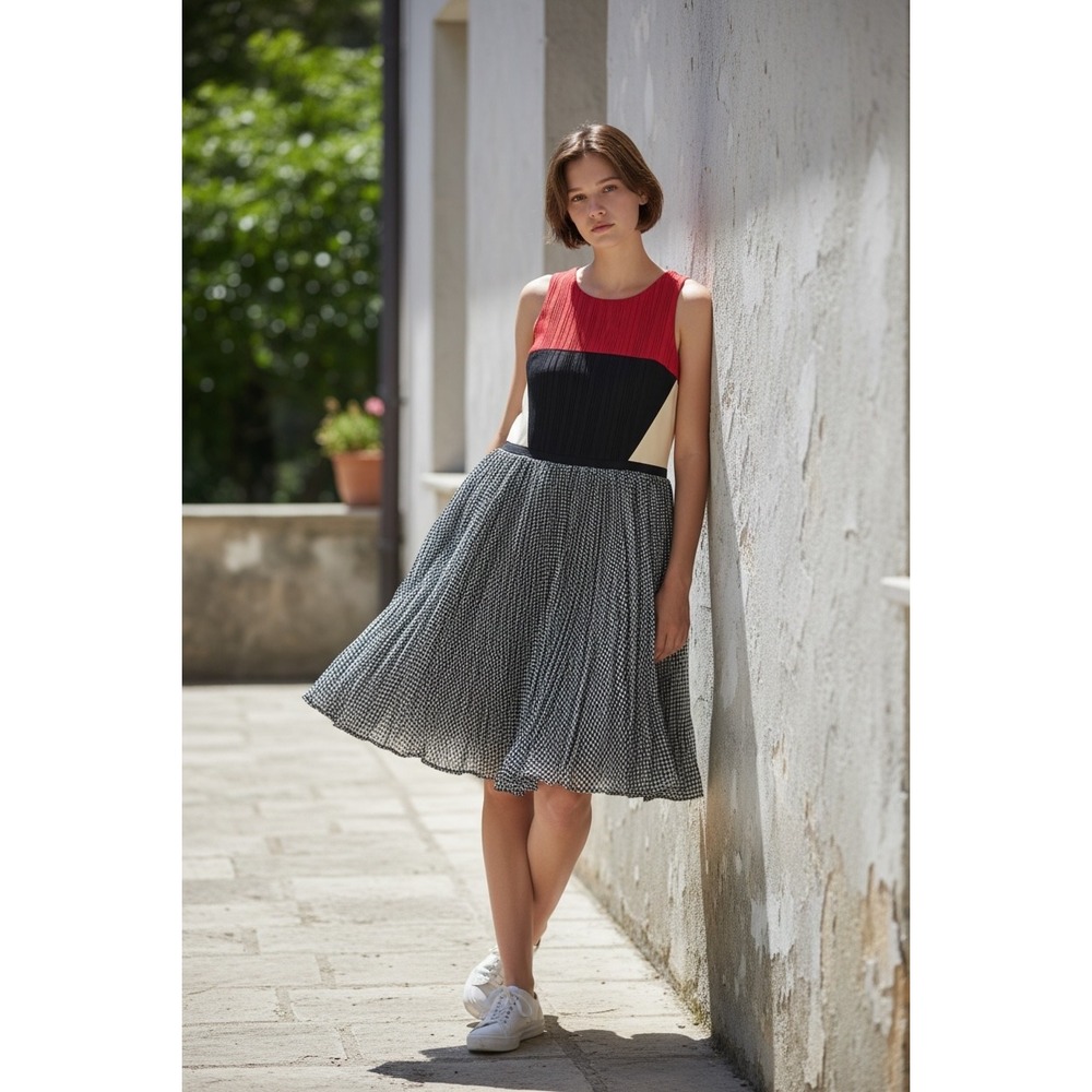 Greylin Colorblock Pleated Gingham Fit and Flare‎ Dress Red Black White Small